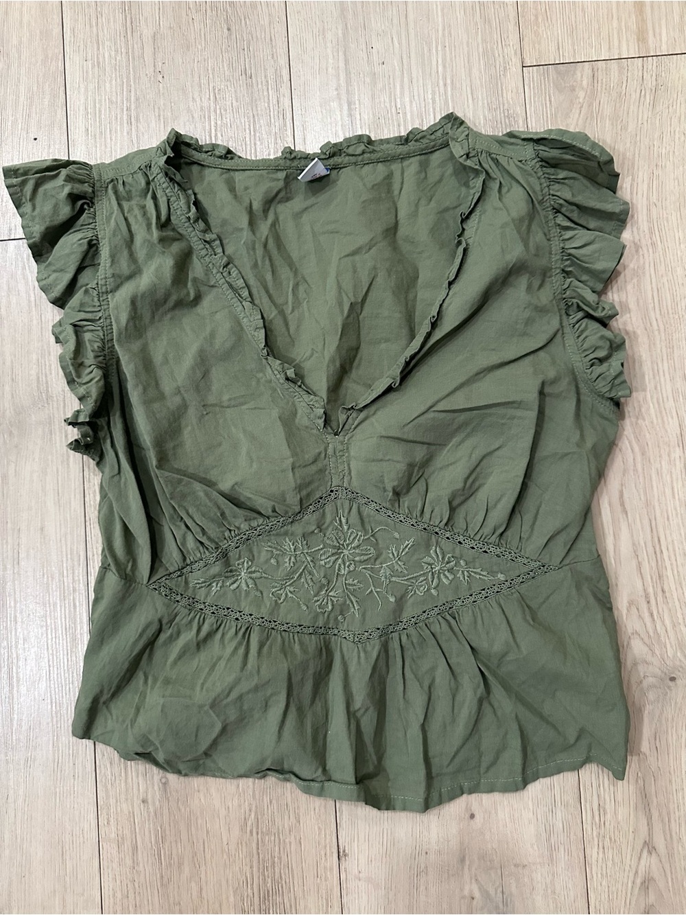 Old Navy Olive Green V-Neck Ruffle Sleeve Embroidered Blouse